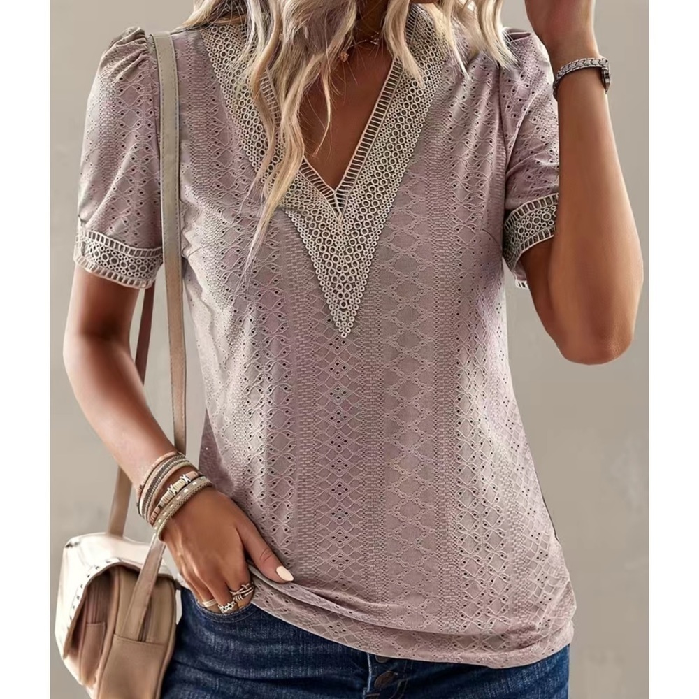 Pink V-Neck Lace Trim Eyelet Stretch Boho Style Short Sleeve Blouse 2X New